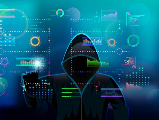 virtual infographic screen hooded man cartoon